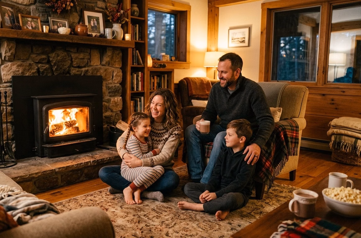 Family gathered by a glowing wood insert in a stone fireplace